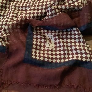 New Vintage Yves Saint Laurent cashmere scarf, large 34” 34” burgundy black ivor